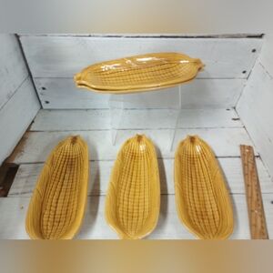 California Pottery USA Ceramic Corn Cob Holders Dishes Plates Yellow Set Of 5